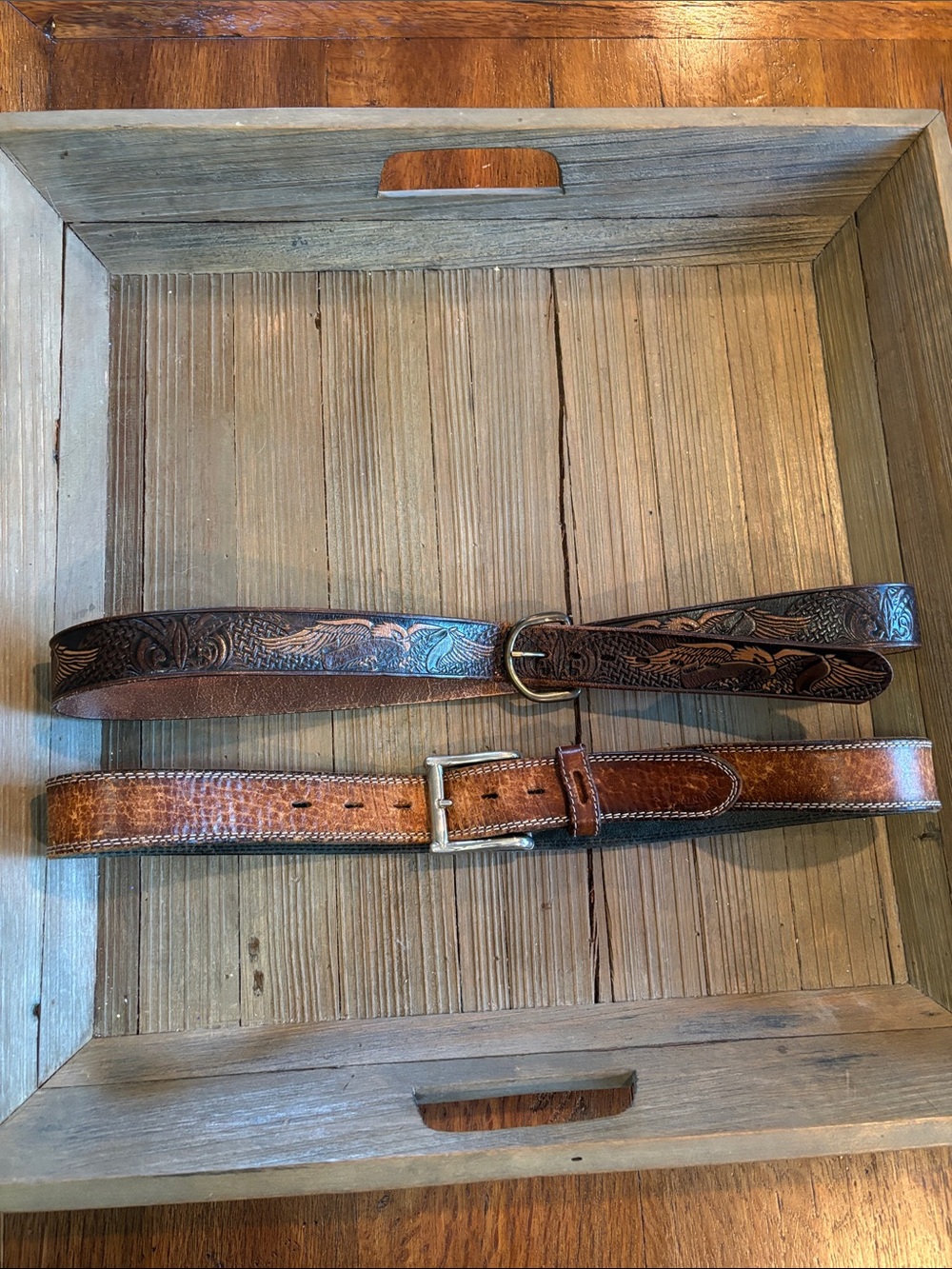 2 Vintage Brown Leather Men's Belts - Classic Embossed & Textured Styles